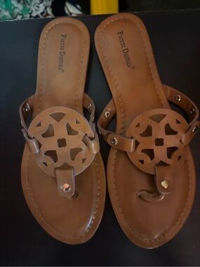 Pierre Dumas Brown Cutout Medallion Thong Sandals